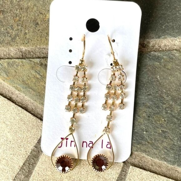 Dangling Goldtone Earrings With Clear and Brown Rhinestones by Jin Na La - Picture 3 of 6